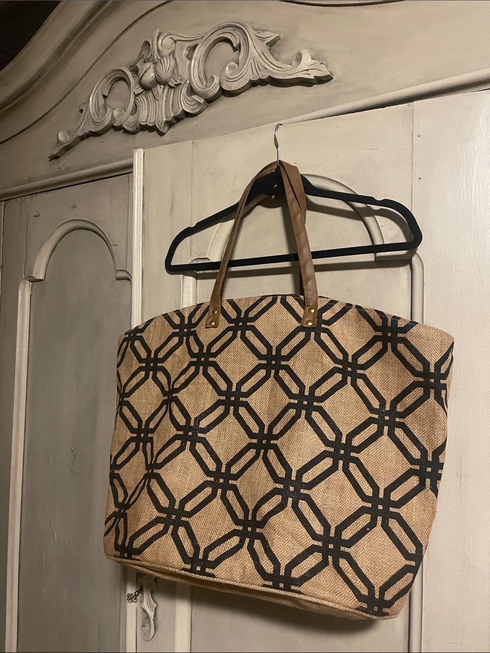 Mud Pie Black Geometric Jute Tote with Tan Handles